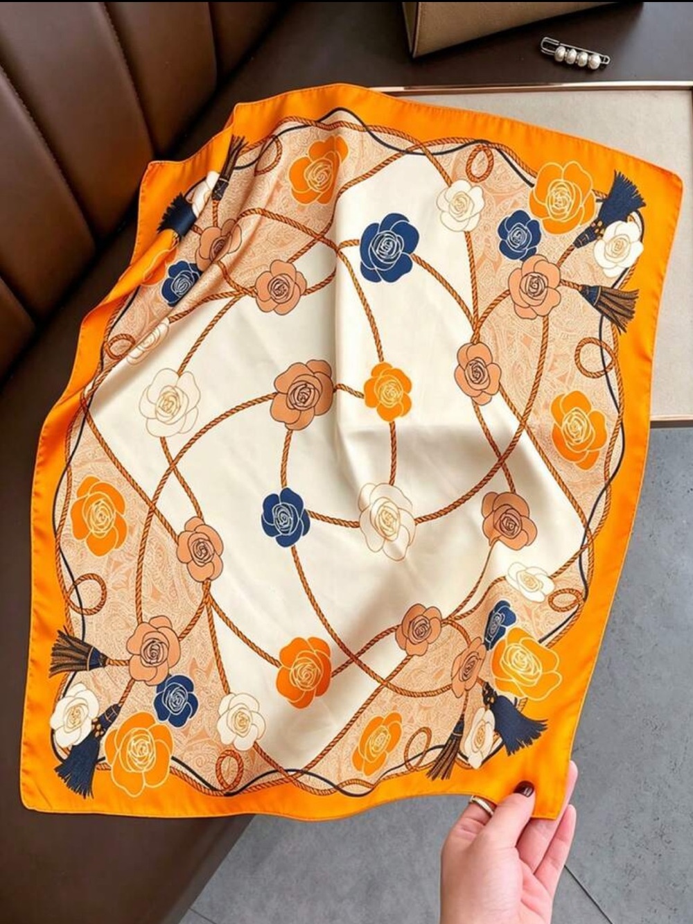 Macy's Orange, Navy & yellow Floral Silk Scarf